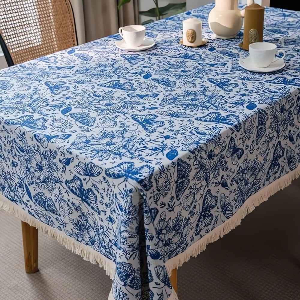 Bohemian Blue Butterfly Tablecloth with Tassel Trim