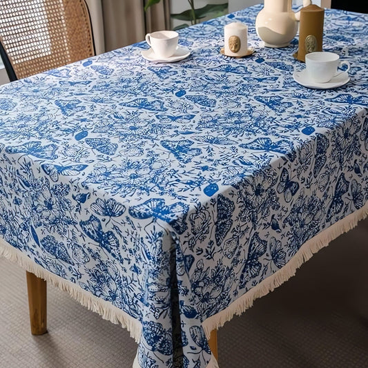 Bohemian Blue Butterfly Tablecloth with Tassel Trim