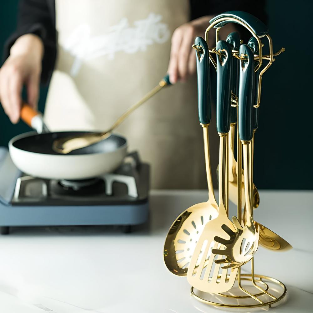Golden Stainless Steel Utensil Set with Ergonomic Handles and Storage Rack