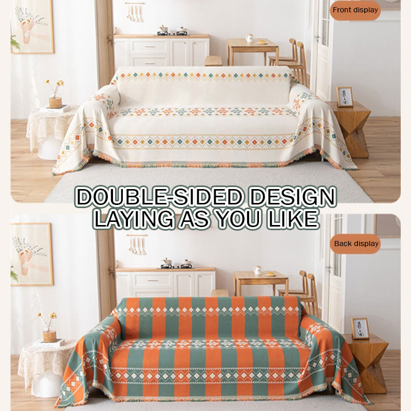 Bohemian Double-Sided Chenille Sofa Cover with Tassels