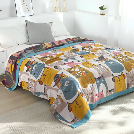 Reversible Cotton Cat-Themed Blanket for Kids