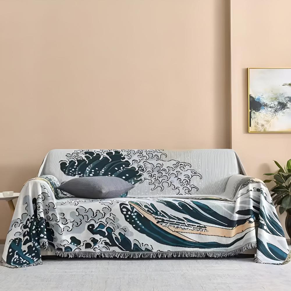 Vibrant Jacquard Weave Great Wave Throw Blanket