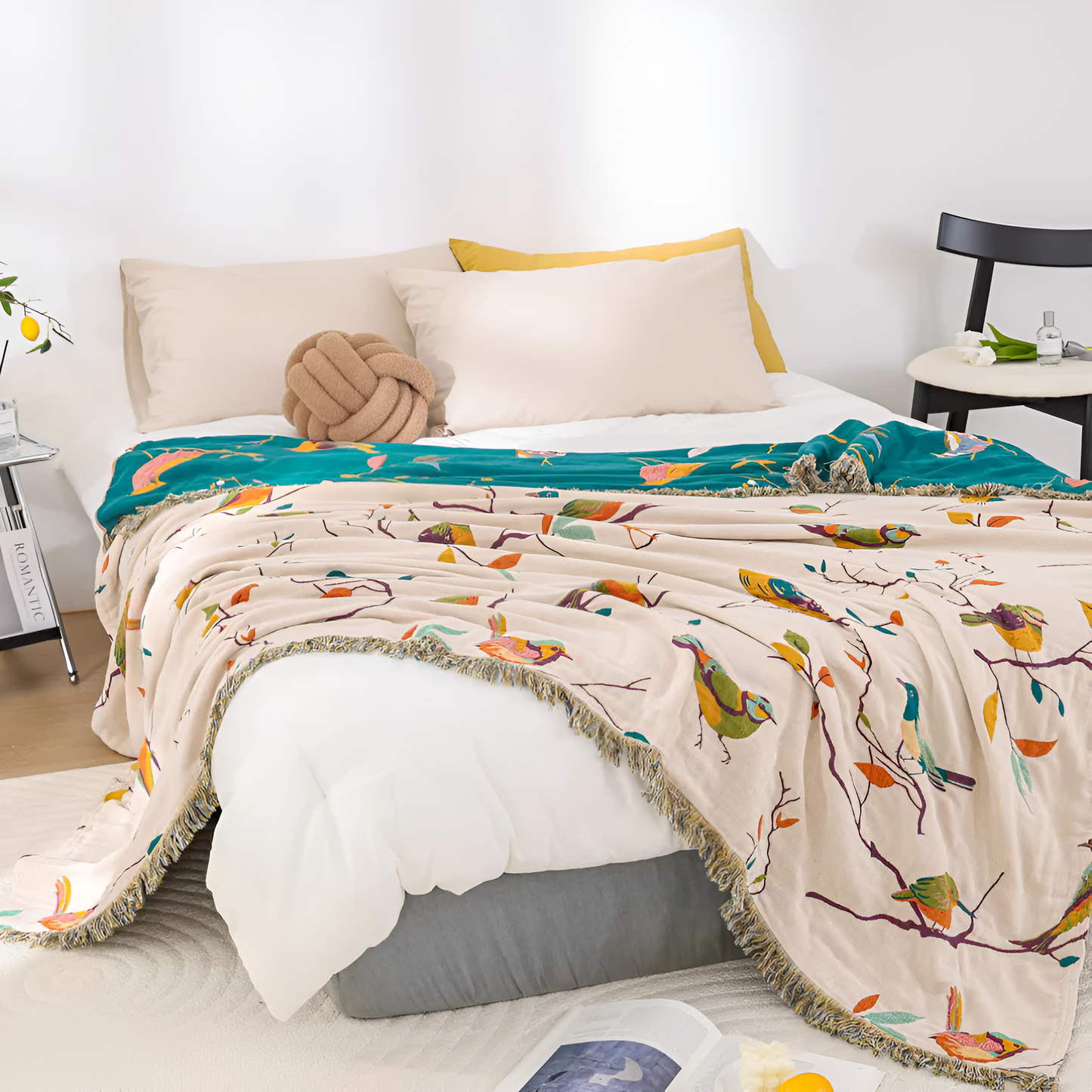Whimsical Bird Cotton Blanket with Tassels