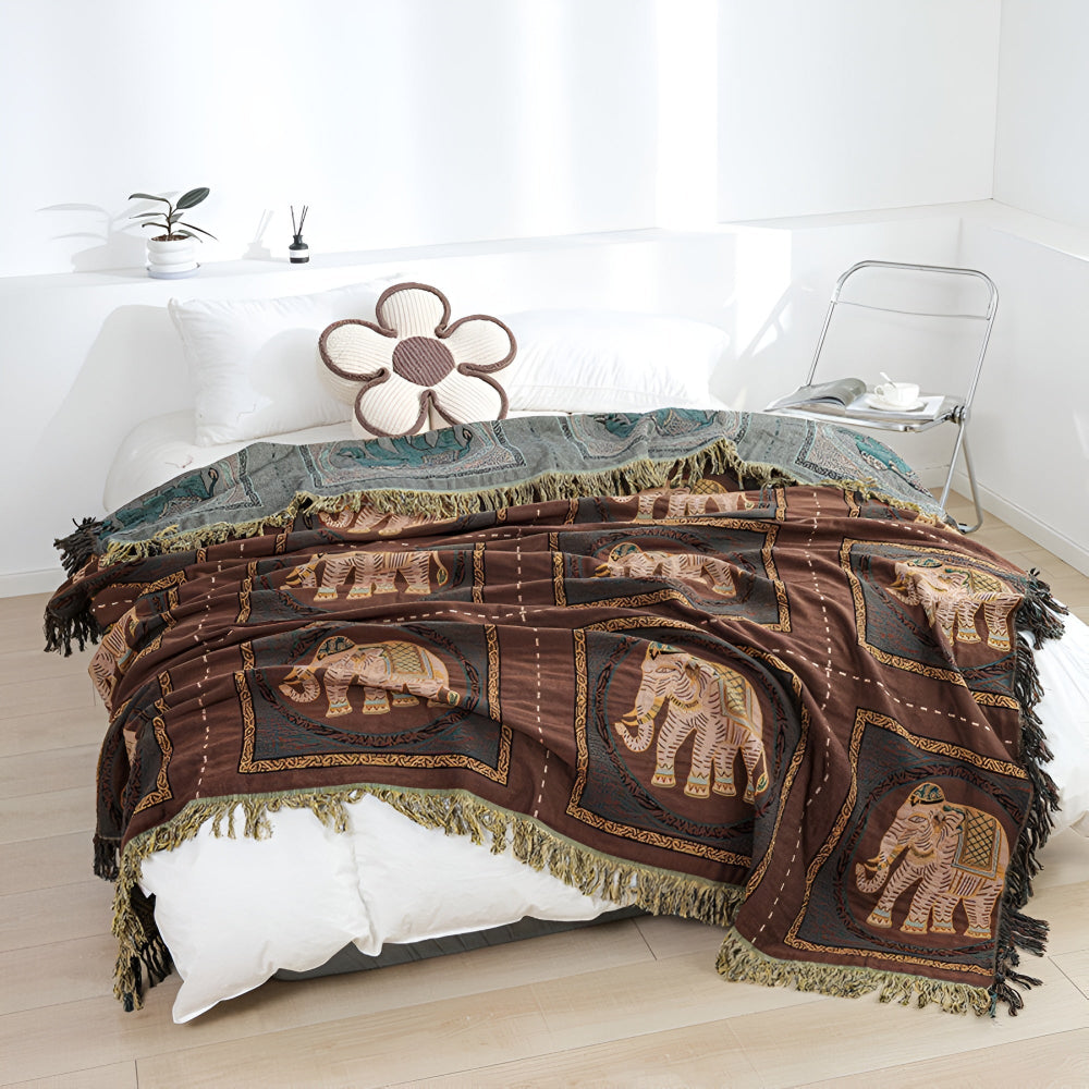 Elephant Print Cotton Gauze Tassel Blanket