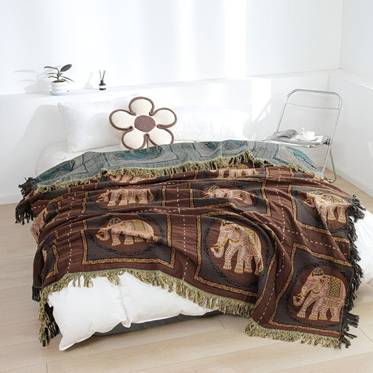 Elephant Print Cotton Gauze Tassel Blanket