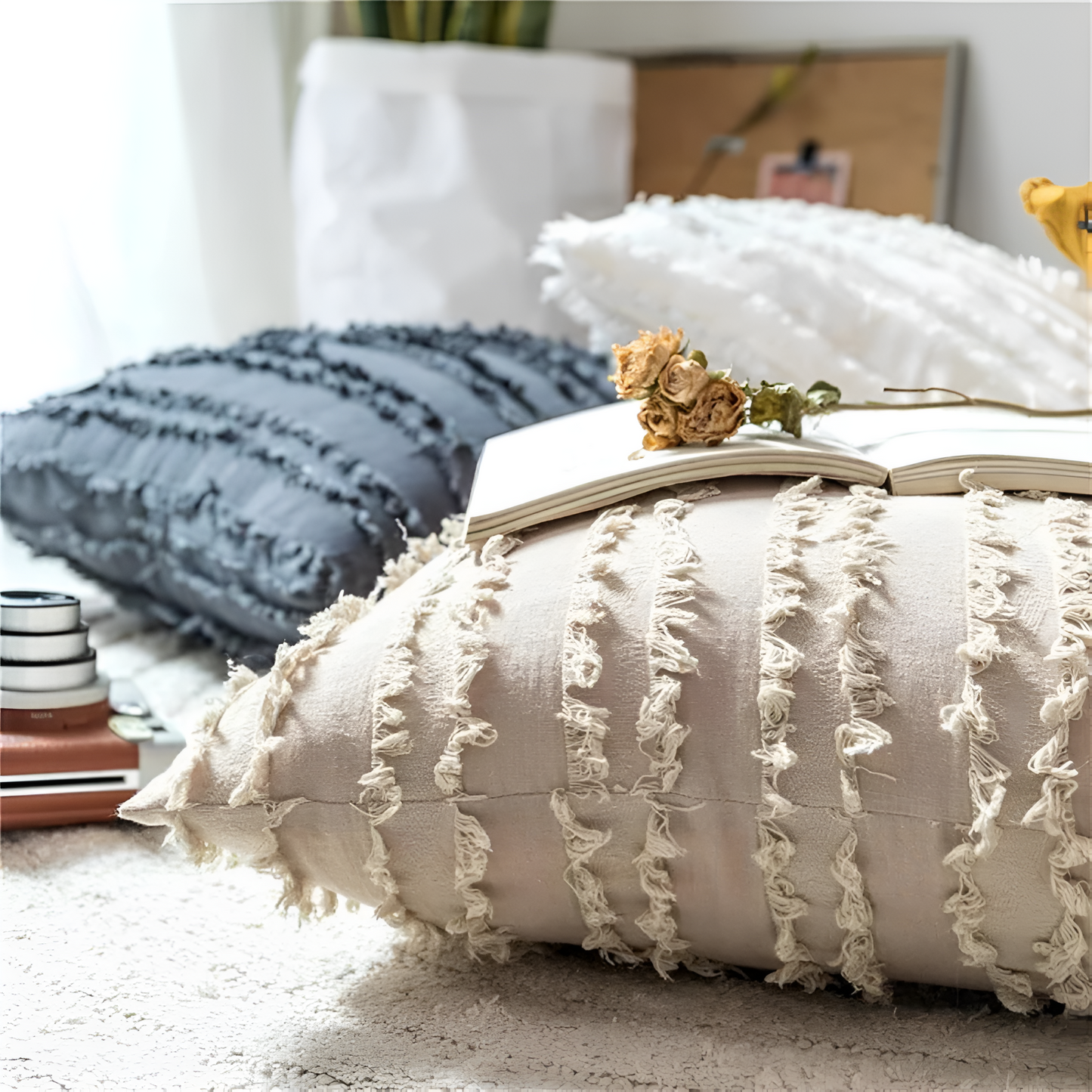 Bohemian Fringe Cushion Cover with Geometric Embroidery