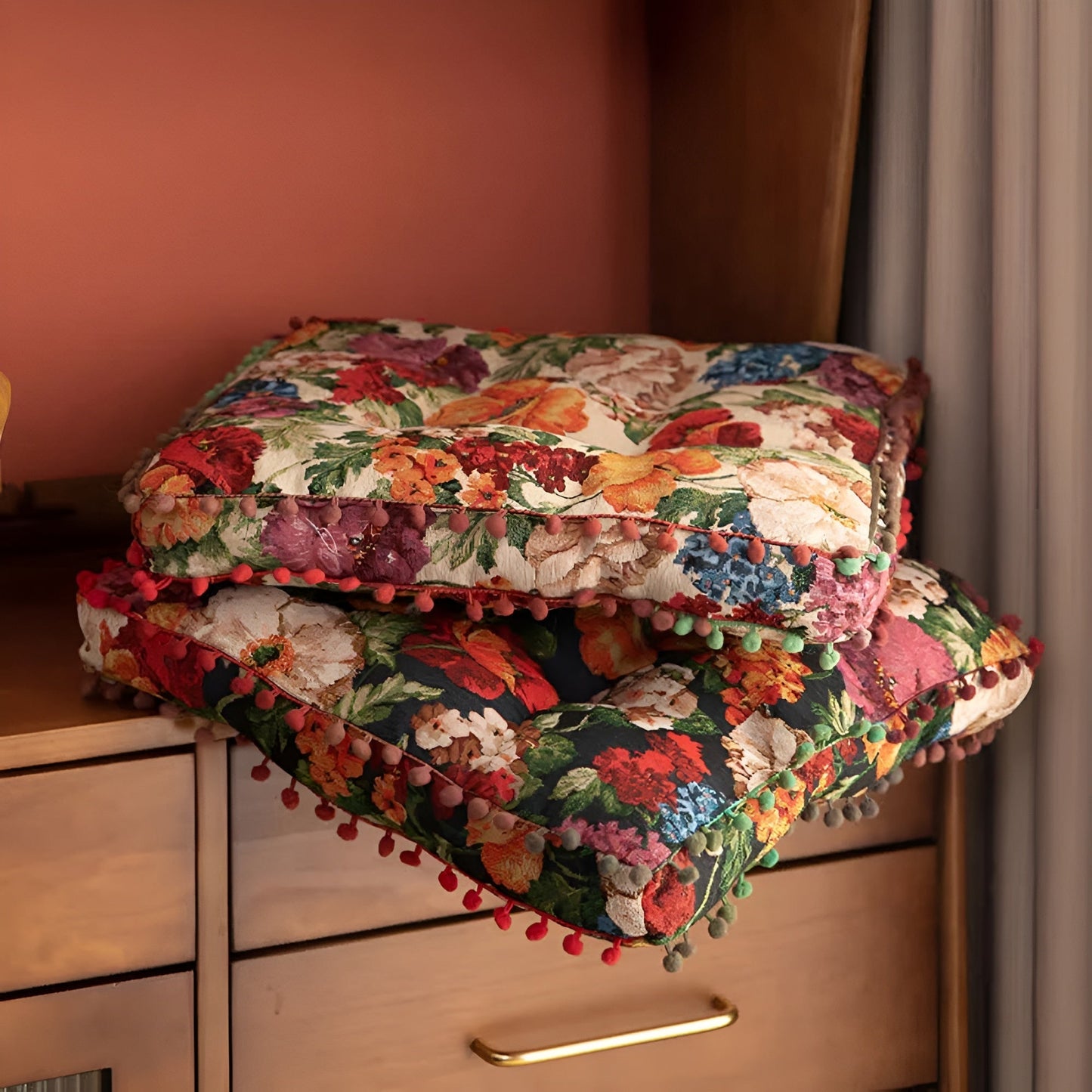 Retro Floral Bohemian Tassel Floor Cushion