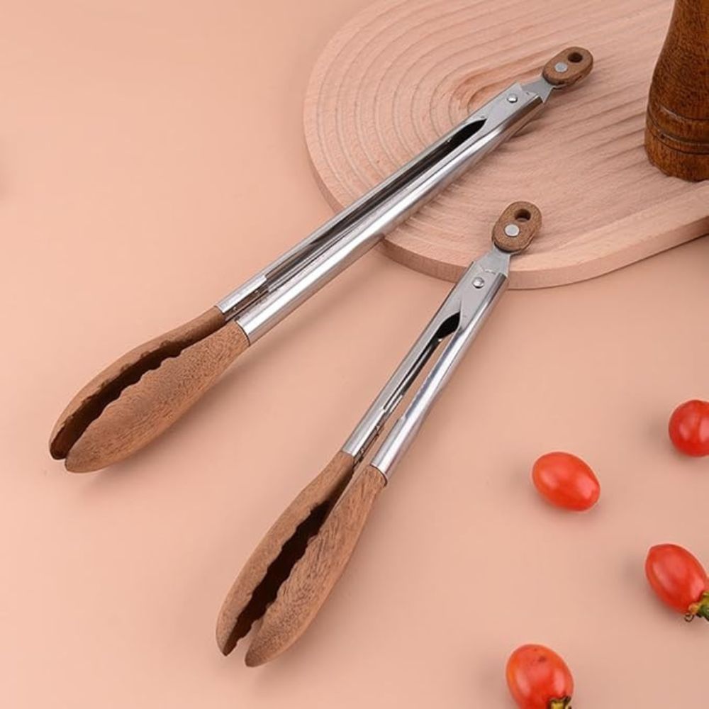 Wood and Steel Kitchen Tongs with Ergonomic Grip