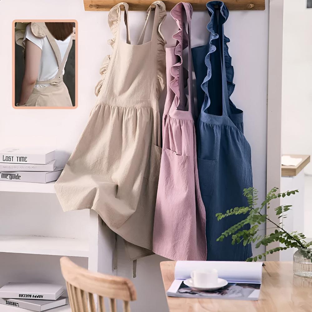 Lotus Leaf Lace Cotton-Linen Apron with Pockets