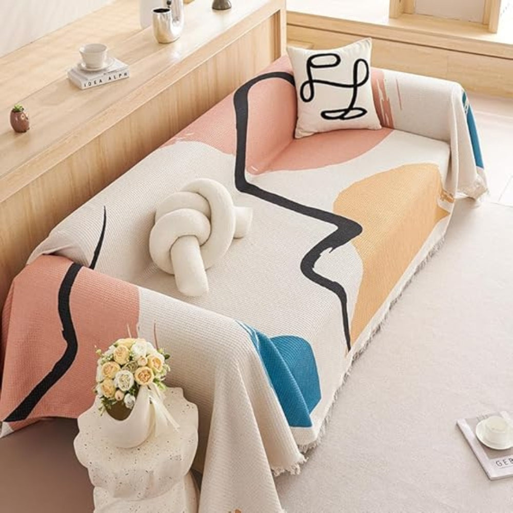 Boho Abstract Tasseled Sofa Cover in Cotton-Microfiber Blend