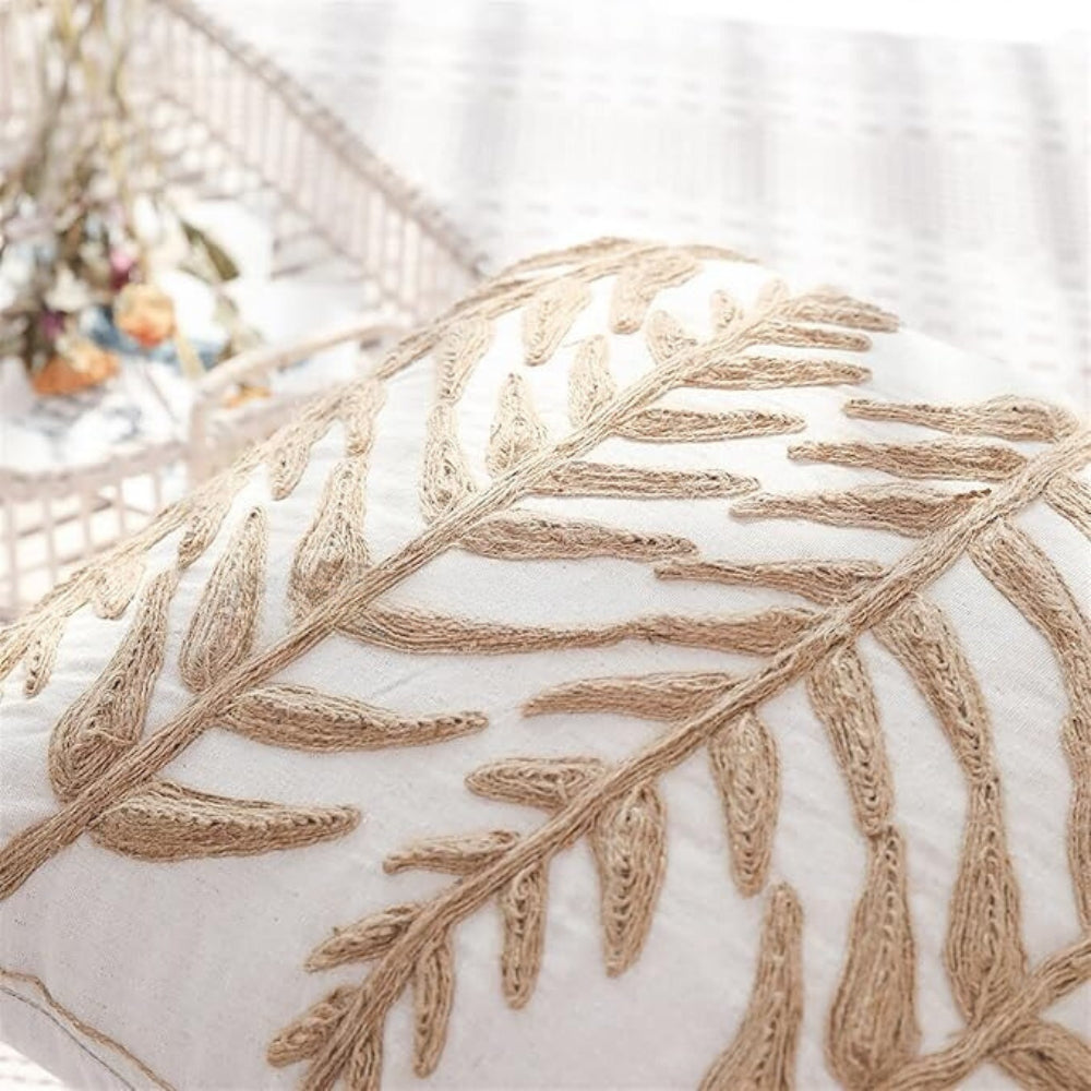 Leaf Embroidery Cotton Cushion Cover with Jute Detail