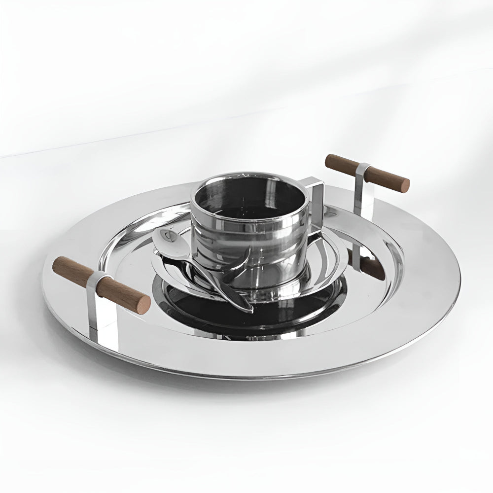 Stainless Steel Round Serving Tray with Wooden Handles