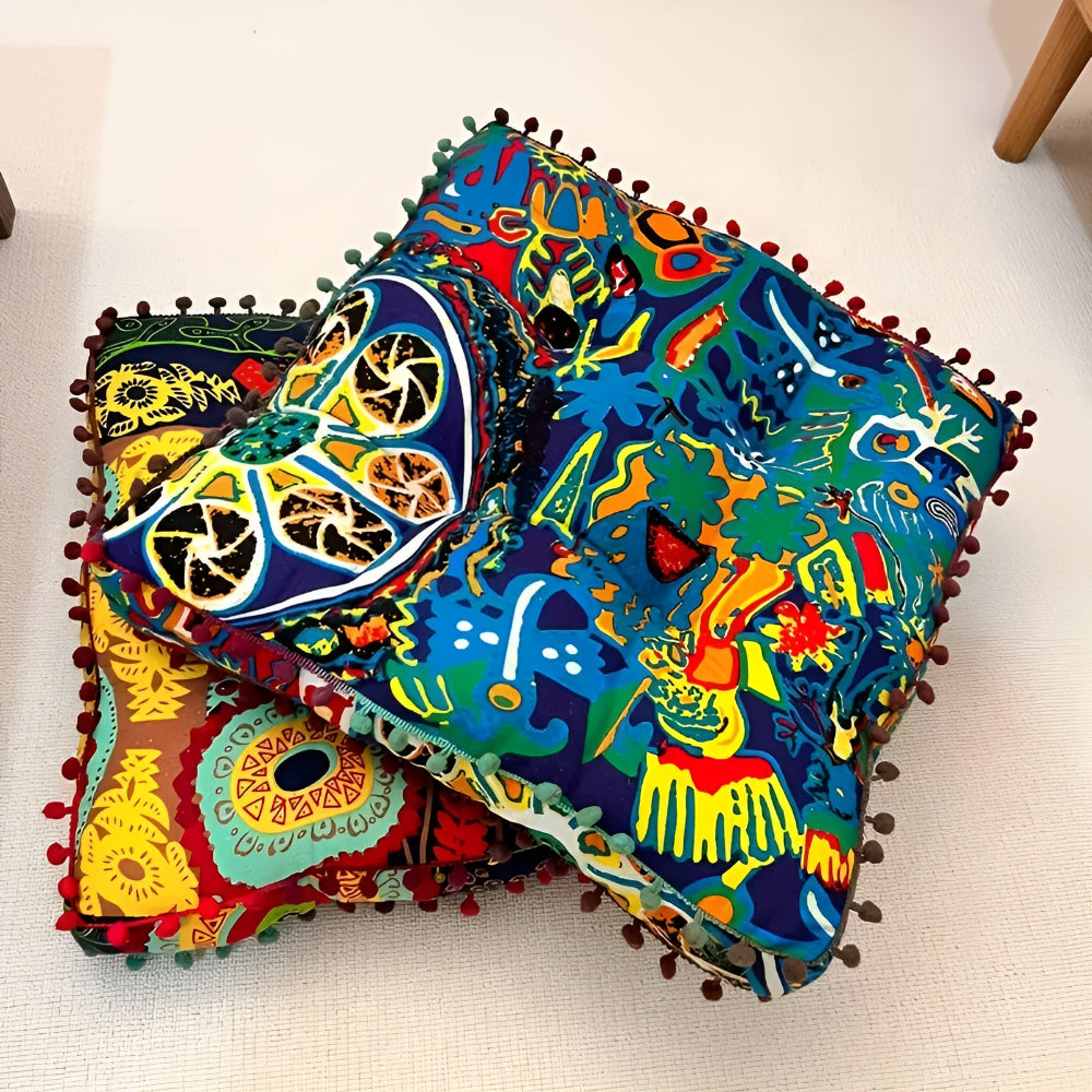 Bohemian Square Floor Cushion with Pom-Pom Edges
