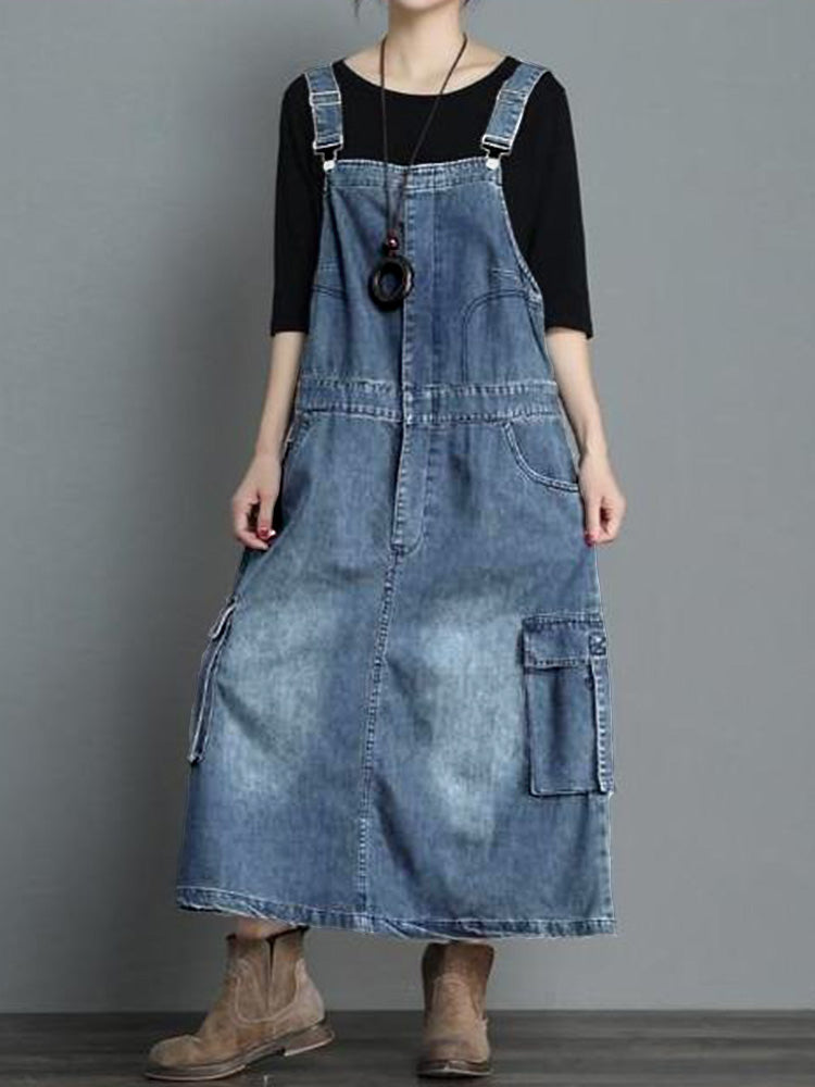 Loose Fit Vintage Denim Overall Dress with Adjustable Straps