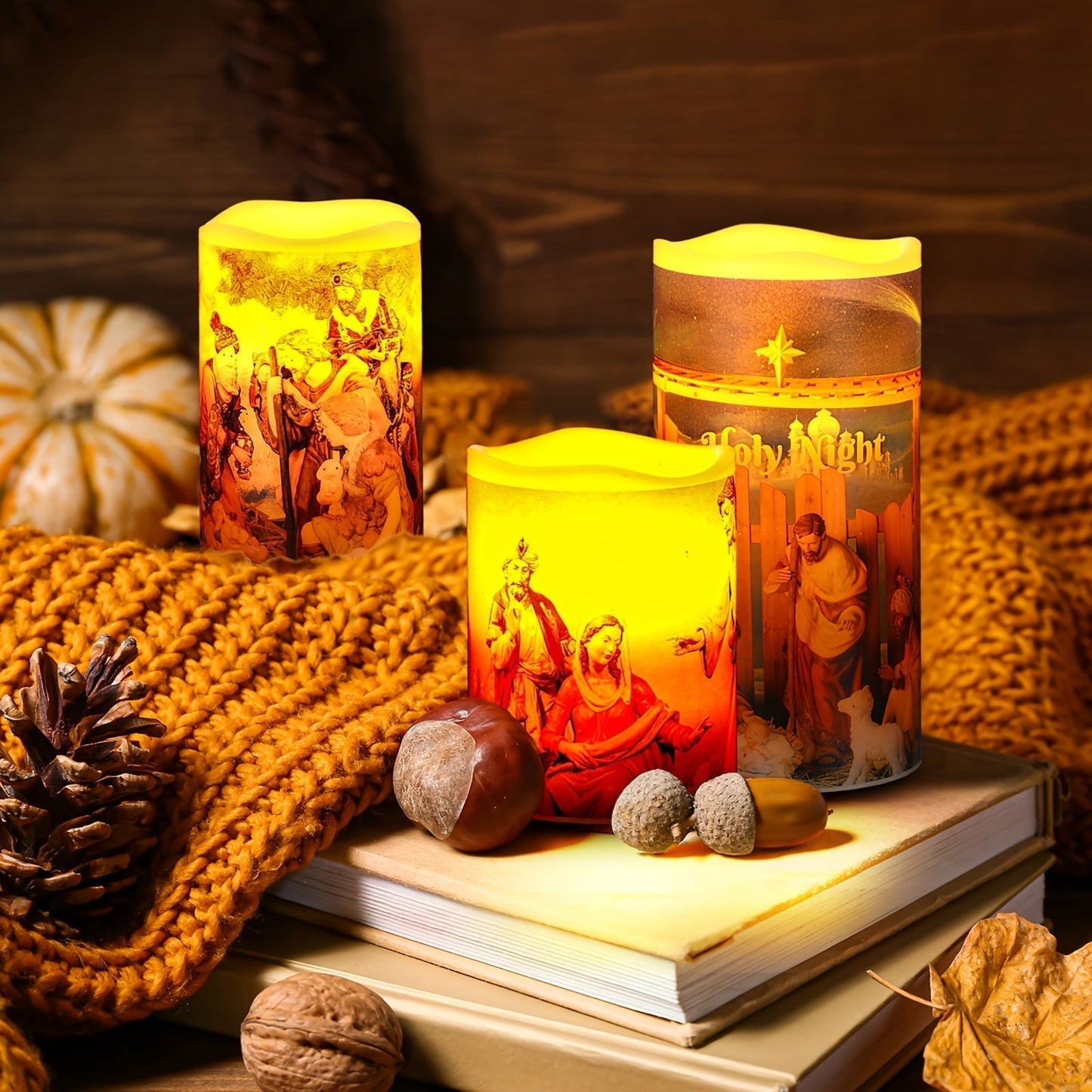 Flameless LED Christmas Candles Set with Nativity Scene – Battery-Powered Wax Lights with Timer