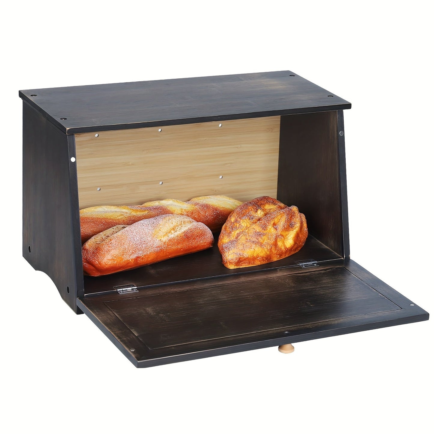 Vintage Black Wooden Bread Box with Drop-Down Door