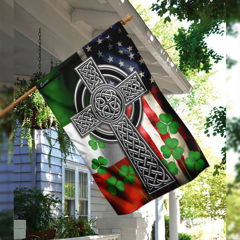 Celtic Irish Flag with Cross and Shamrocks