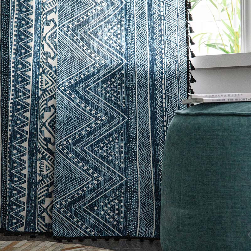 Blue Geometric Pattern Light-Filtering Curtain