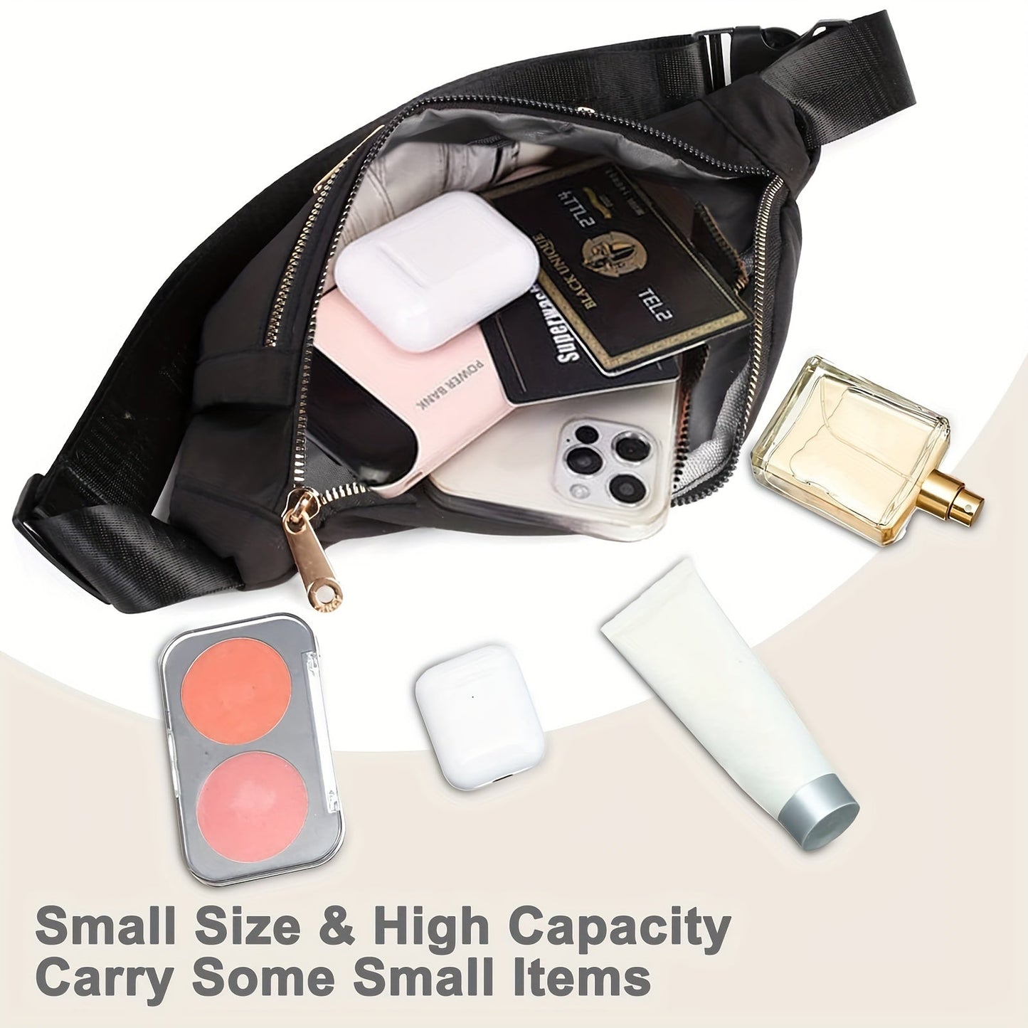 Lightweight Nylon Hip Pouch with Adjustable Strap and Zippered Pockets