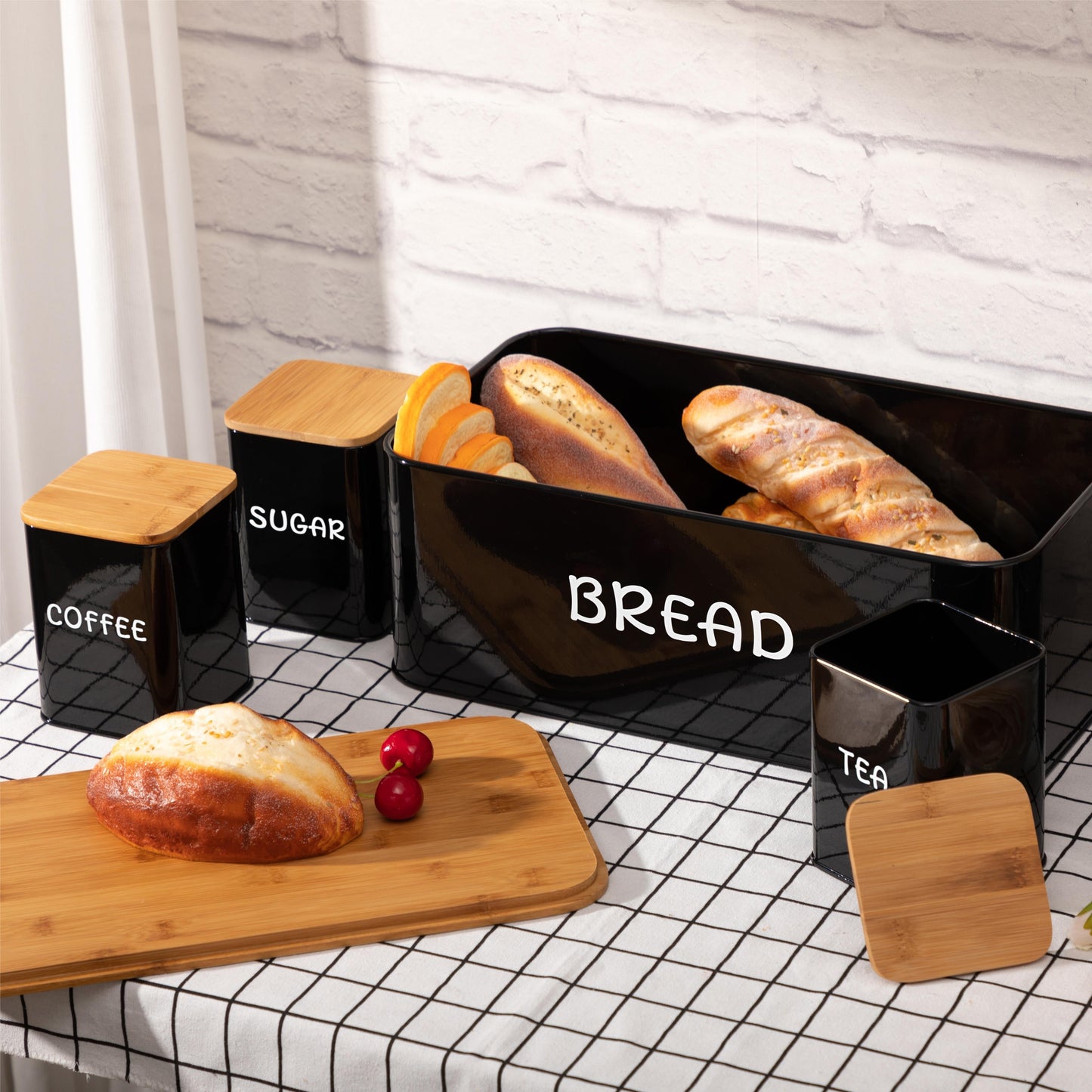 Bamboo Lid Bread Box Set with Tea, Coffee, Sugar Canisters