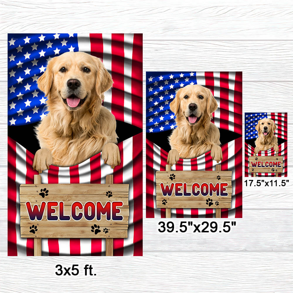 Golden Retriever Welcome Flag with American Flag Design