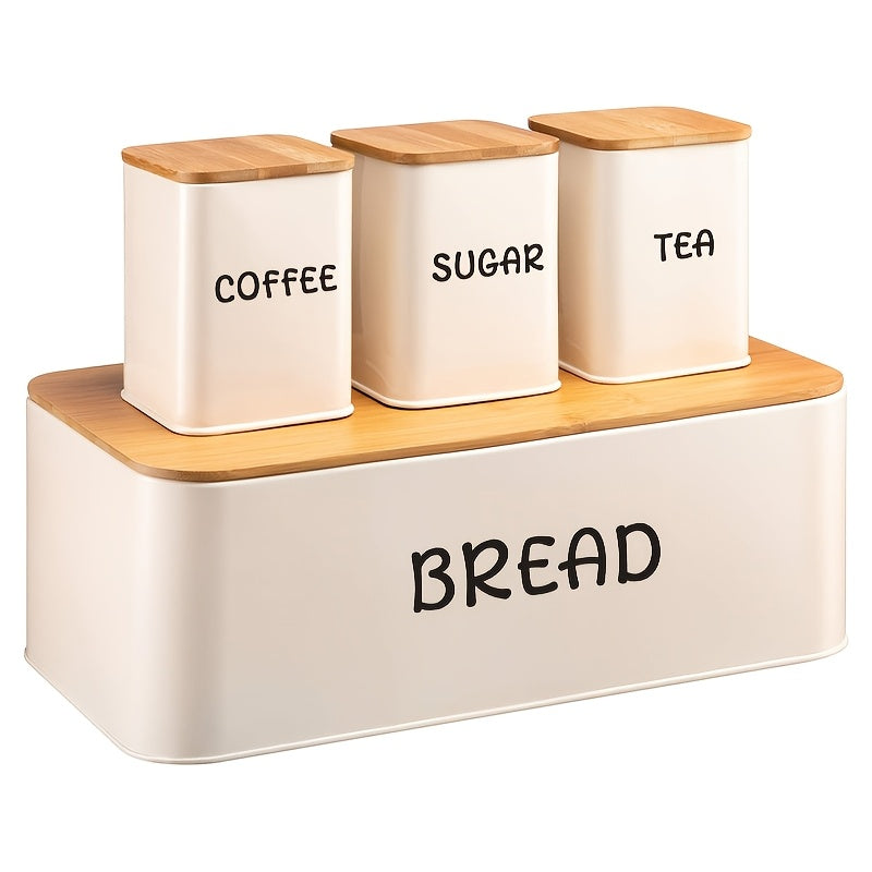Bamboo Lid Bread Box Set with Tea, Coffee, Sugar Canisters
