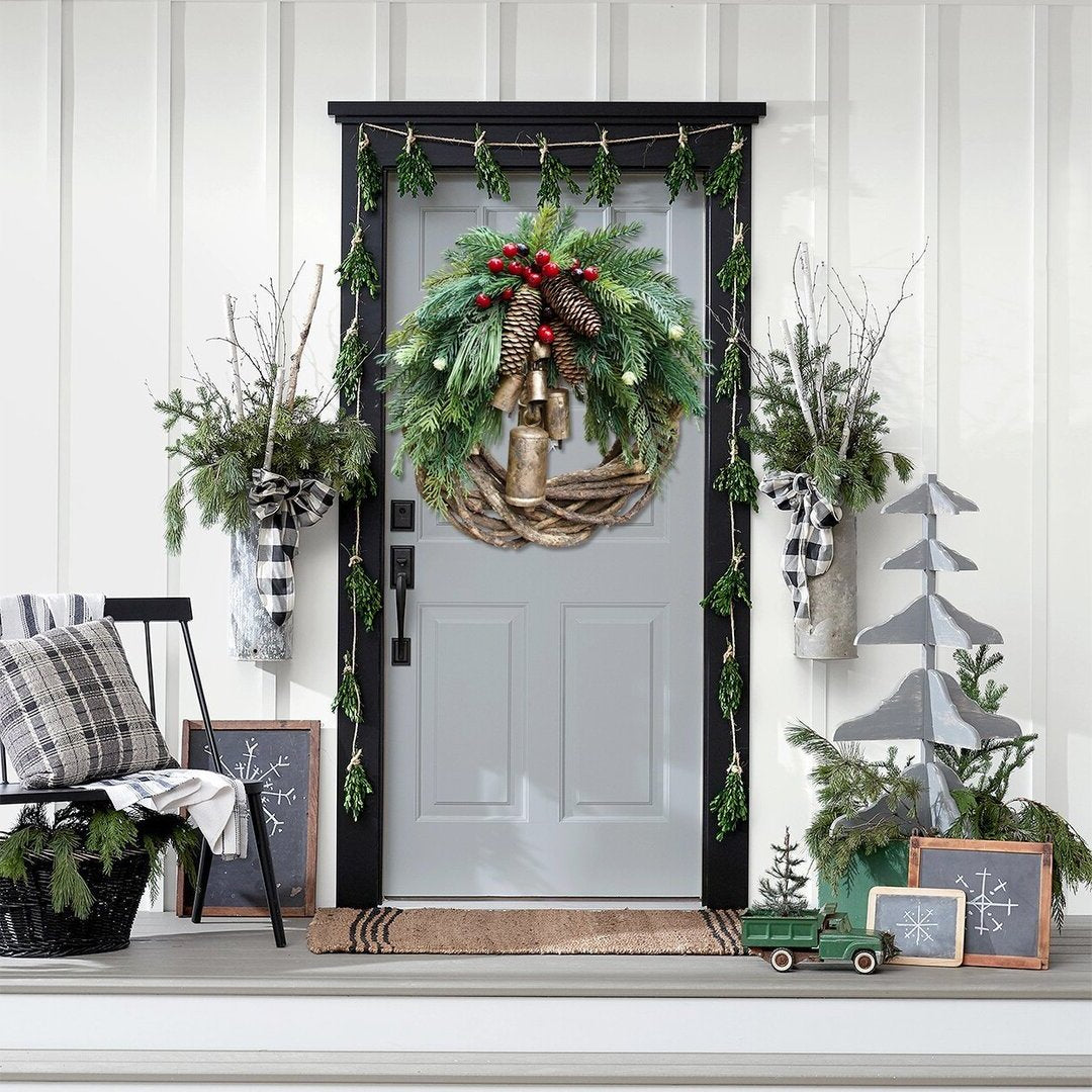 Boho Farmhouse Christmas Wreath with Pinecones and Bells