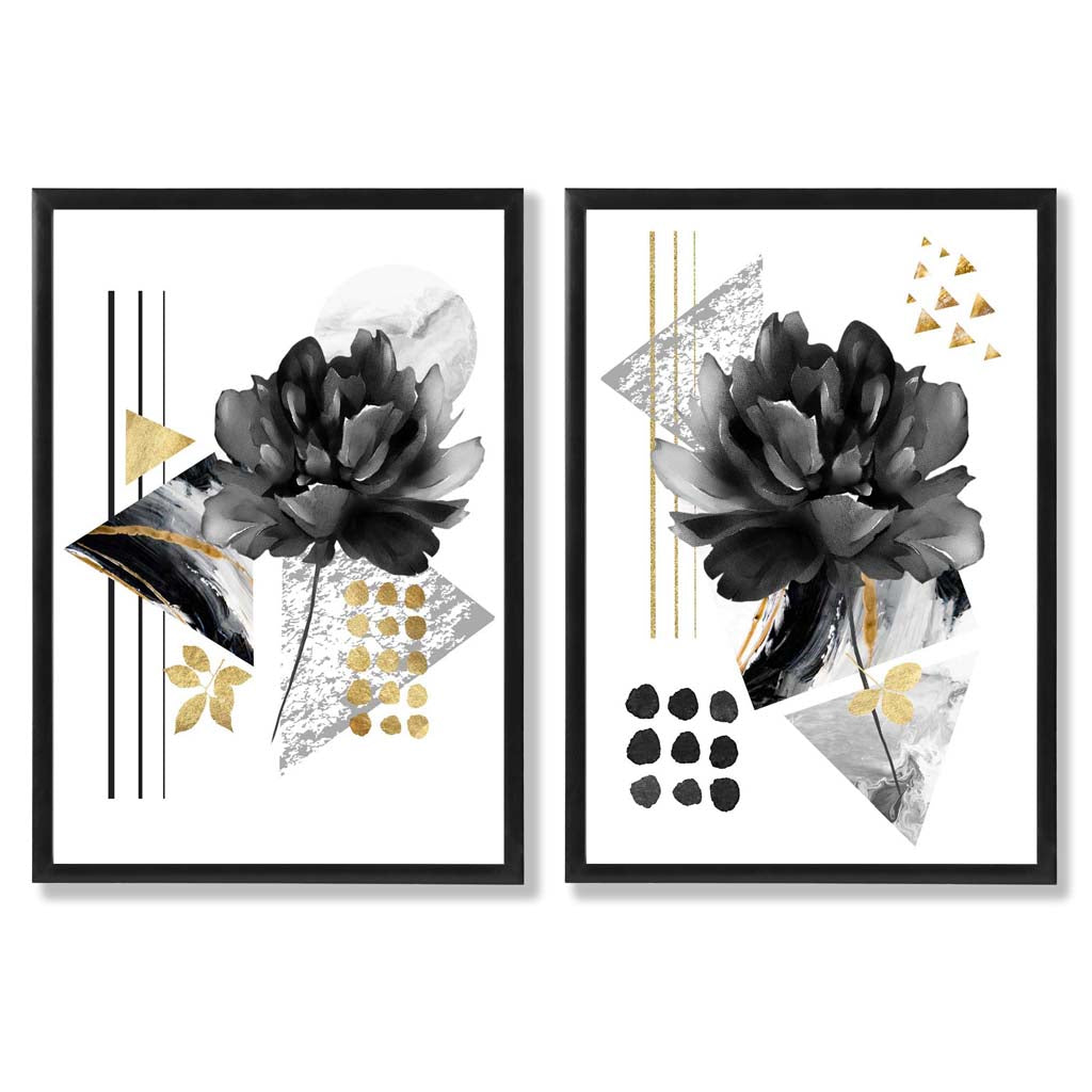 Black and Gold Floral Art Prints Set of 2