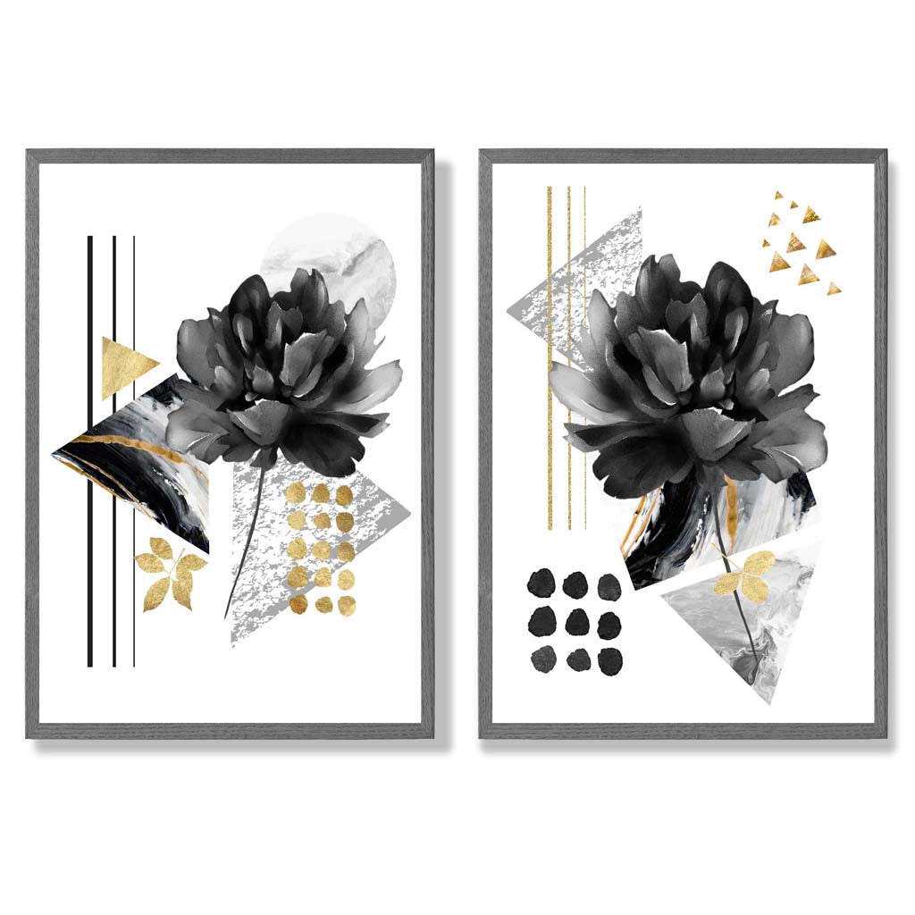 Black and Gold Floral Art Prints Set of 2