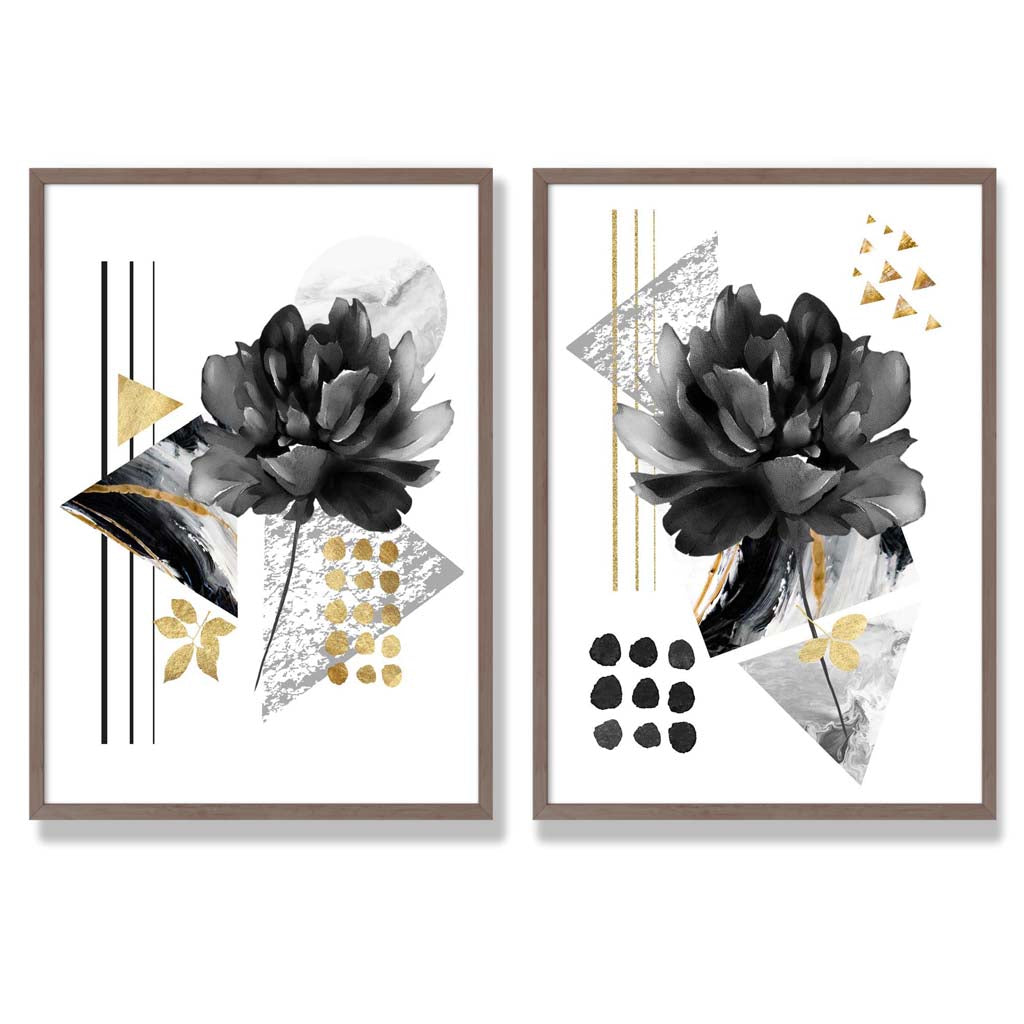 Black and Gold Floral Art Prints Set of 2