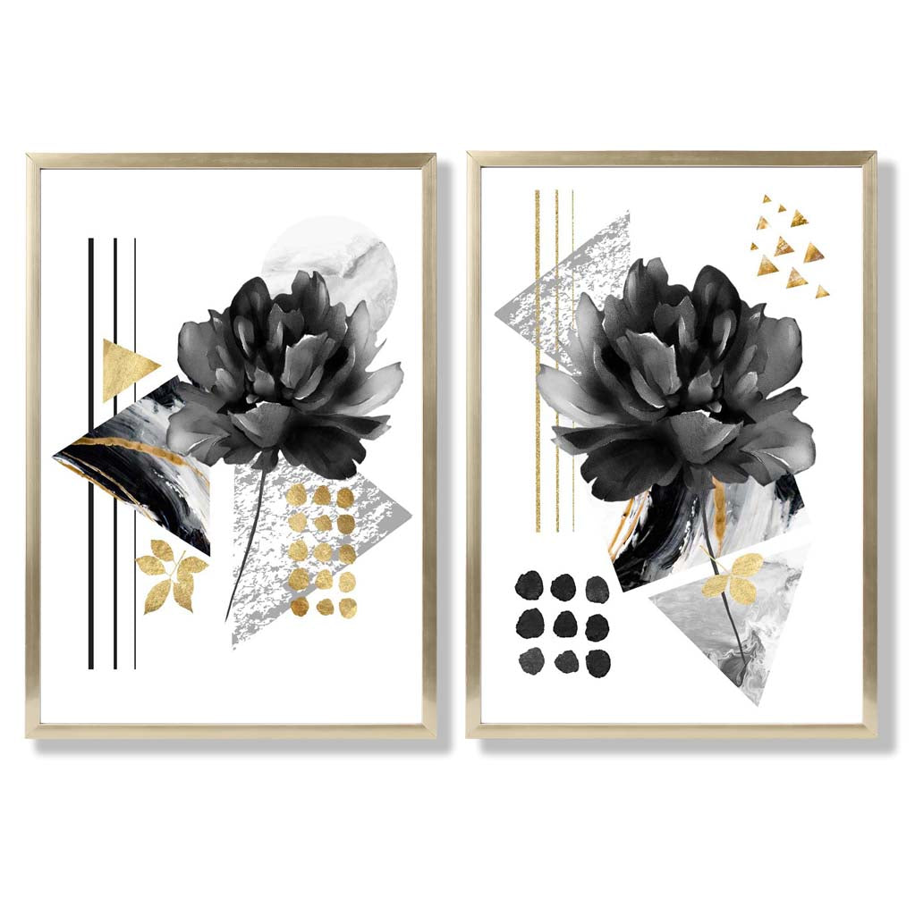 Black and Gold Floral Art Prints Set of 2