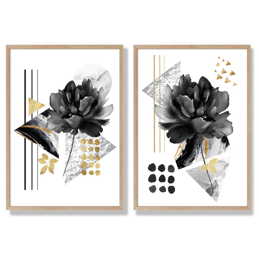 Black and Gold Floral Art Prints Set of 2