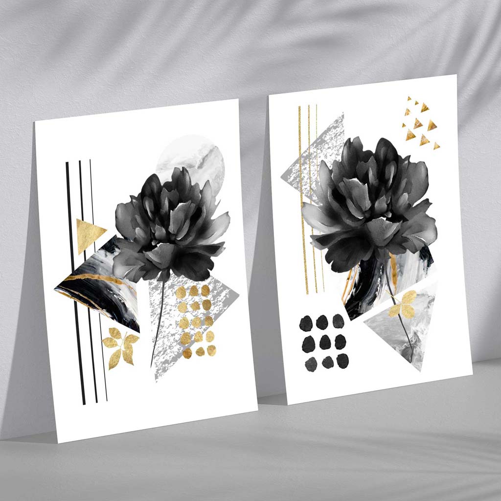 Modern Black and Gold Floral Art Prints - Set of 2
