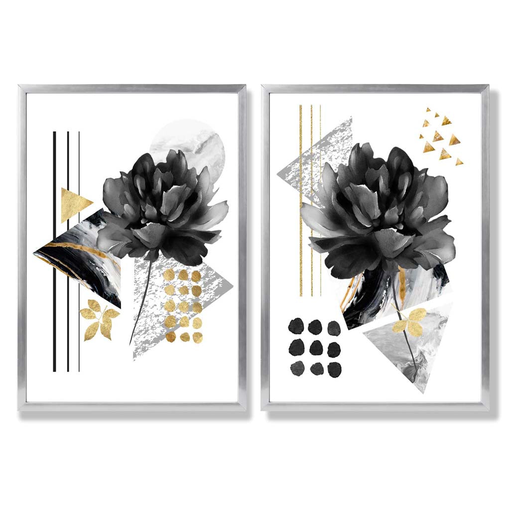Black and Gold Floral Art Prints Set of 2