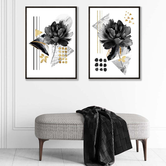 Black and Gold Floral Art Prints Set of 2
