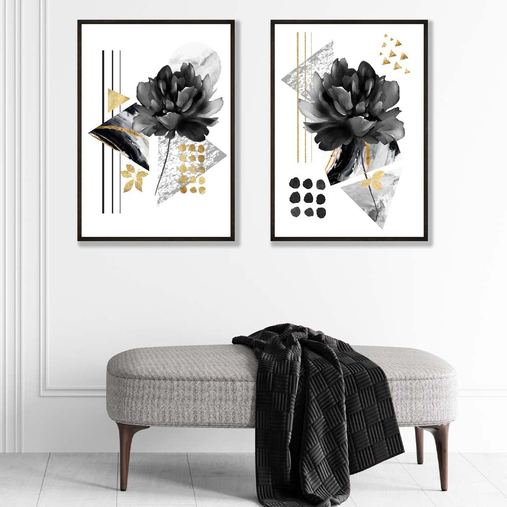 Modern Black and Gold Floral Art Prints - Set of 2