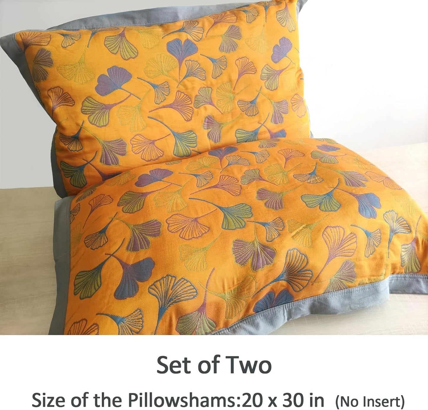 Ginkgo Leaf Embroidered Cotton Pillow Shams - Set of 2