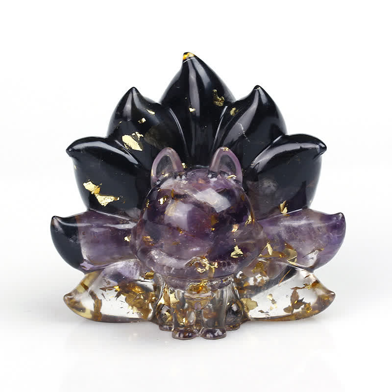 Nine-Tailed Fox Gemstone Figurine with Natural Crystals