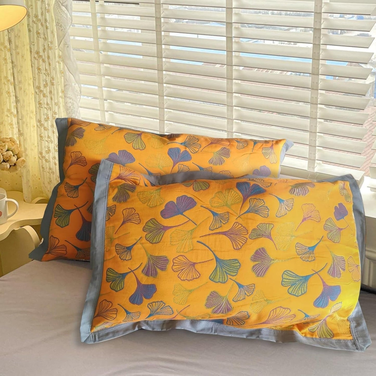 Ginkgo Leaf Embroidered Cotton Pillow Shams - Set of 2