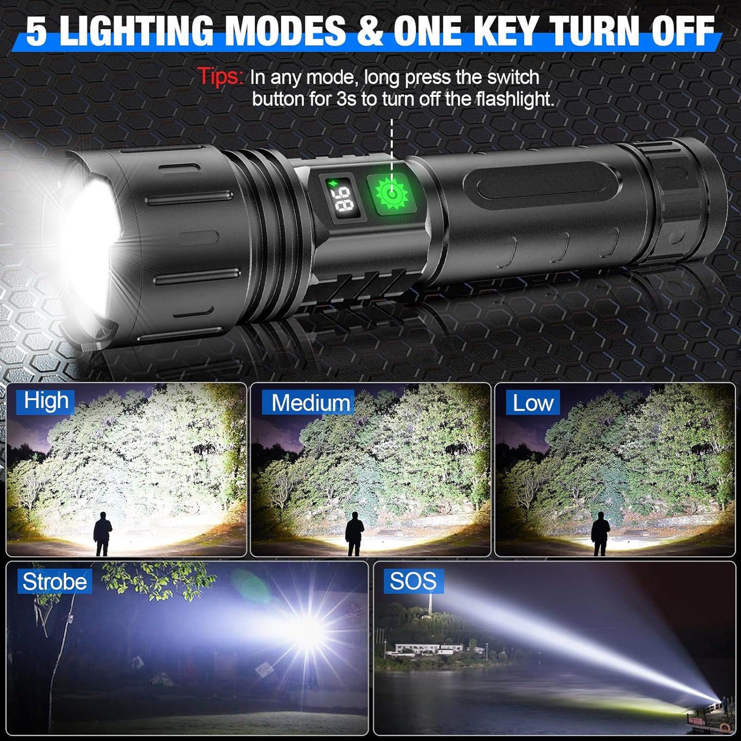 100000 Lumens Waterproof Tactical Flashlight with Rechargeable Power Bank