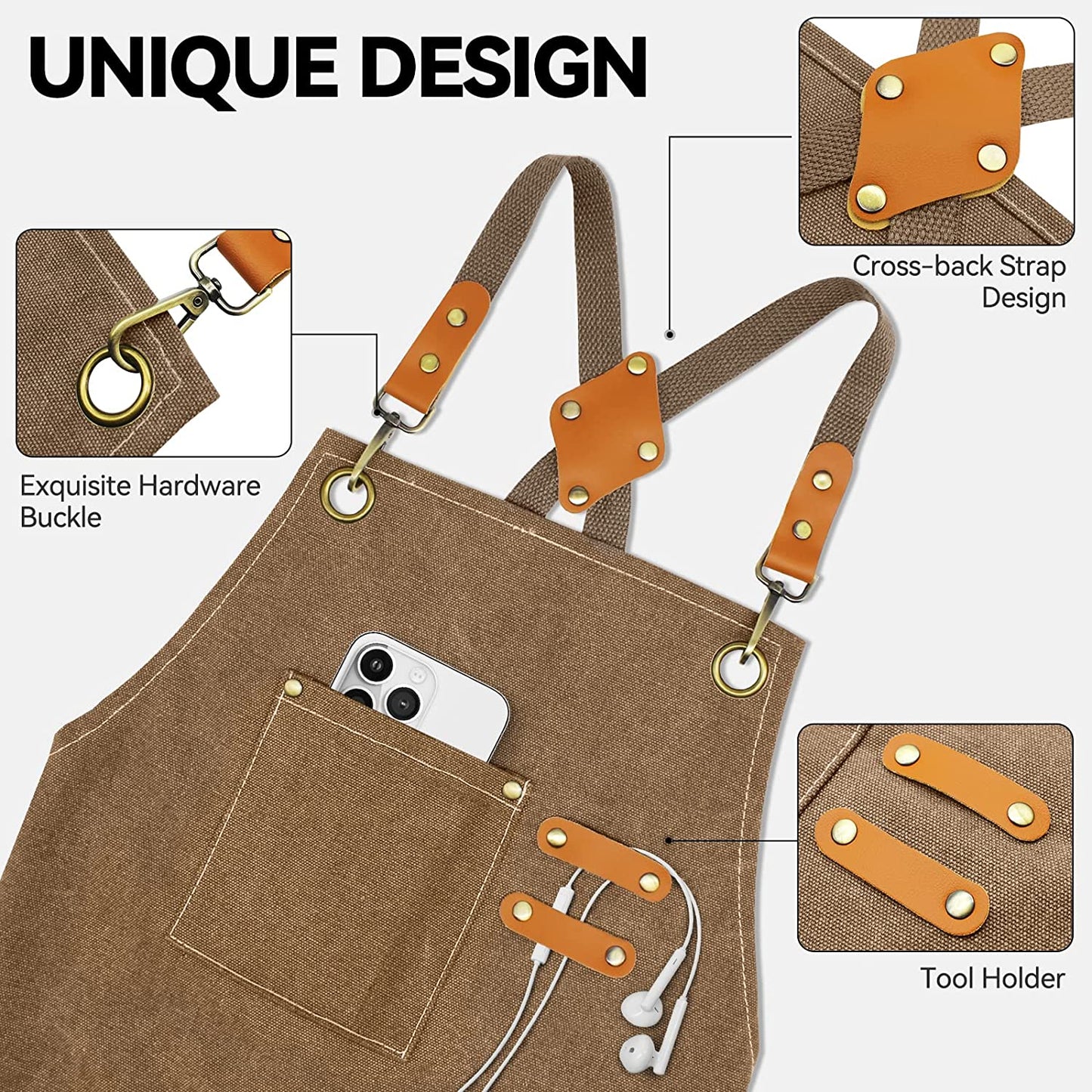 Durable Canvas Stain Resistant Apron with Pockets and Cross-Back Straps