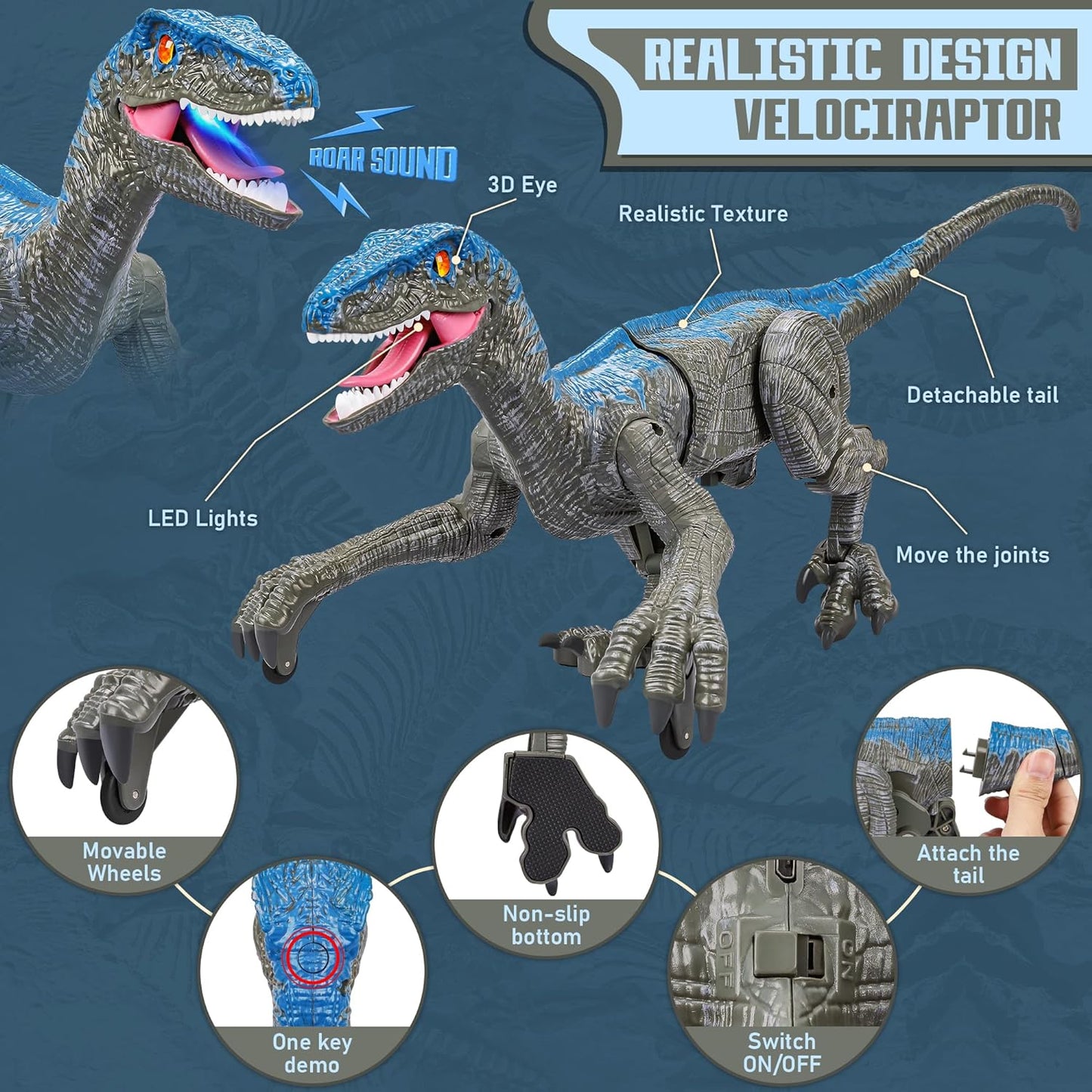 Remote Control Velociraptor Dinosaur Toy with Realistic Sounds and Movements