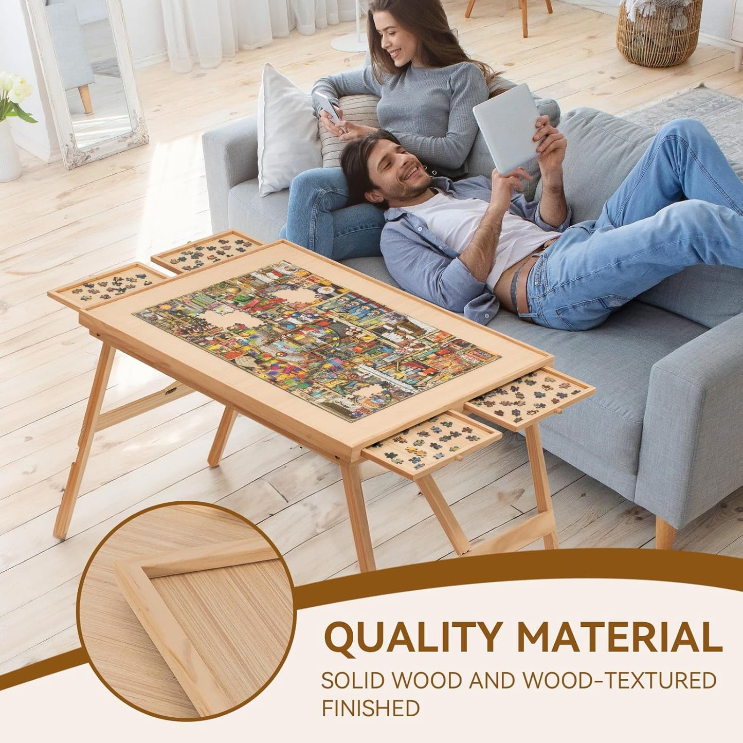 Foldable Puzzle Table with Drawers for 1500-Piece Puzzles
