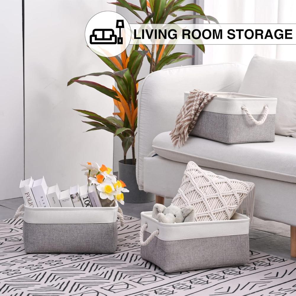 Foldable Cotton Linen Storage Basket with Rope Handles