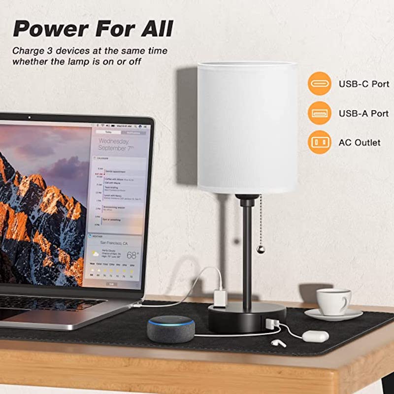 Elegant Linen Table Lamp with Smart Charging and Adjustable Color Temperatures