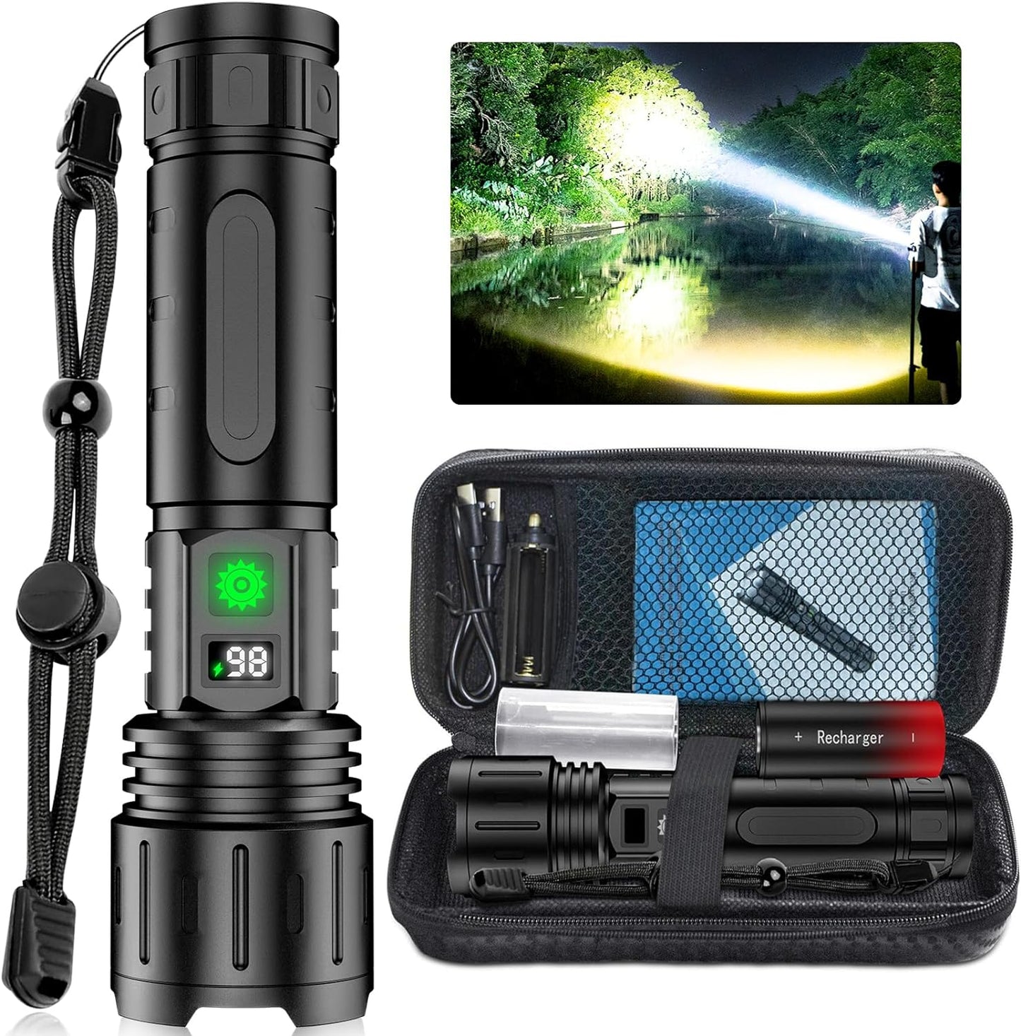 100,000 Lumen Tactical Flashlight with Power Bank and LCD Display