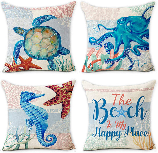 Aquatic Linen Pillow Covers 18x18 Inches