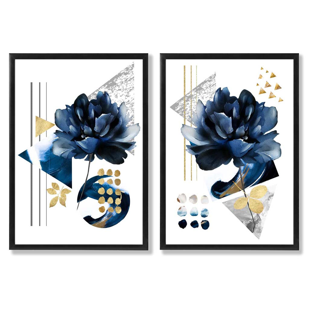 Contemporary Blue Floral Art Prints Set of 2 Framed