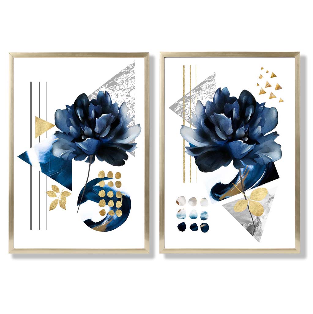 Contemporary Blue Floral Art Prints Set of 2 Framed