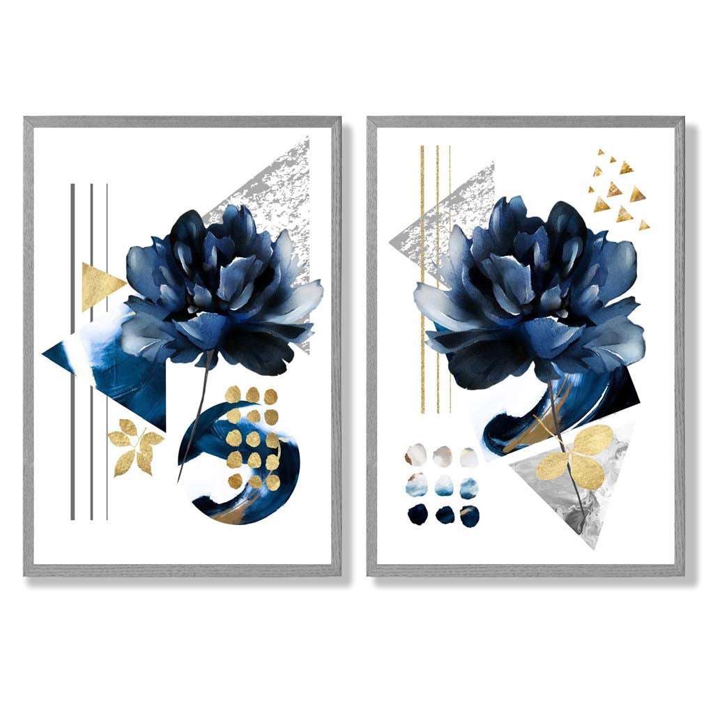 Contemporary Blue Floral Art Prints Set of 2 Framed